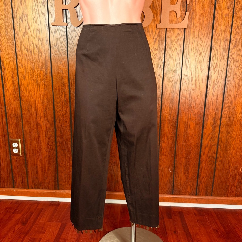 Brown 90s Boho Retro Capri Pants Andre Oliver Women 8 Coin Trim Tuscan Mom Chic